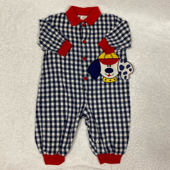 Vintage 90’s navy white checked dog romper polo style red collar and cuffs 6/9 - Picture 1 of 6